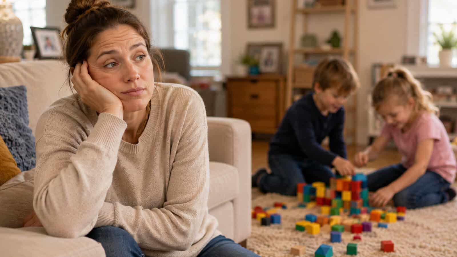 A tired woman sits on a couch with her head resting on her hand while two children play with colorful blocks on the floor in the background.