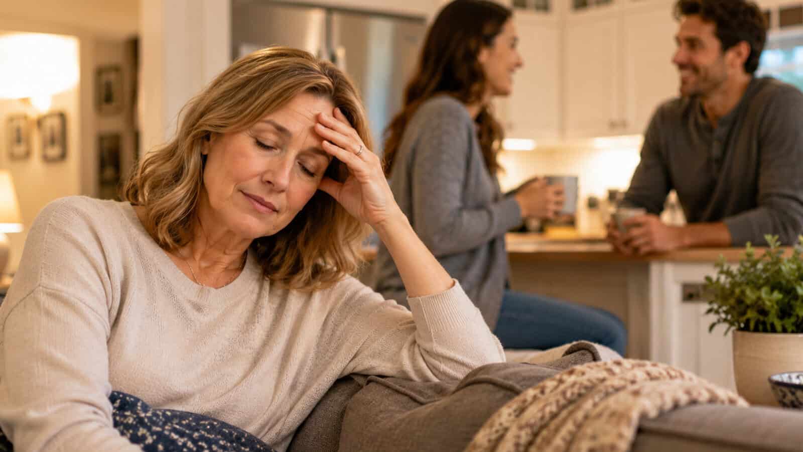 A woman sits on a couch with her eyes closed and hand on her forehead, looking stressed, while a smiling couple talks in the background in a kitchen.