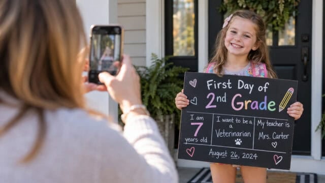 A smiling young girl holds a First Day of 2nd Grade sign while an adult takes her photo outside a house. The sign shares her age, future dream, teachers name, and the date, August 26, 2024.