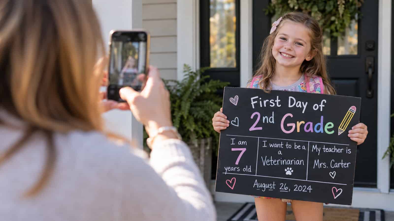 A smiling young girl holds a First Day of 2nd Grade sign while an adult takes her photo outside a house. The sign shares her age, future dream, teachers name, and the date, August 26, 2024.