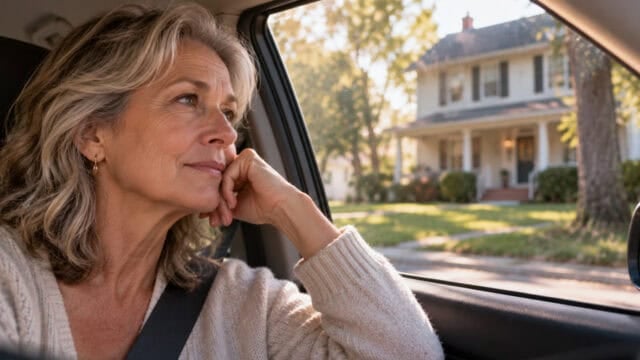 A woman with gray hair sits in a car, resting her chin on her hand, and looks thoughtfully out the window at a house with a porch and trees in the background on a sunny day.