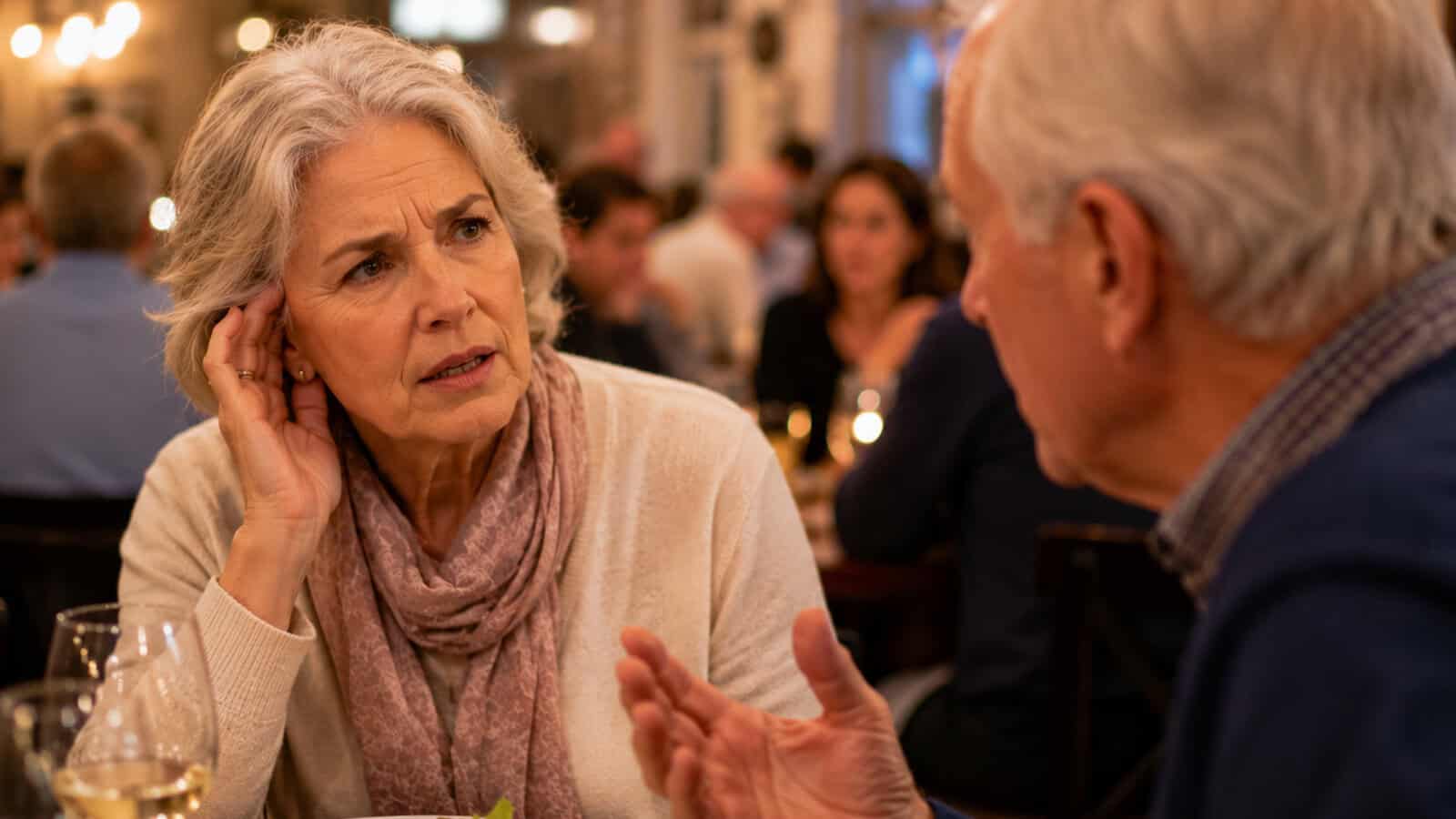 An older woman with gray hair listens intently to an older man during a conversation at a restaurant. She looks concerned, while he gestures with his hands. Other diners are blurred in the background.