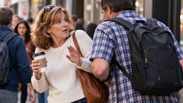 A surprised woman holding a coffee cup raises her hand defensively as a man with a backpack speaks to her on a busy city sidewalk.