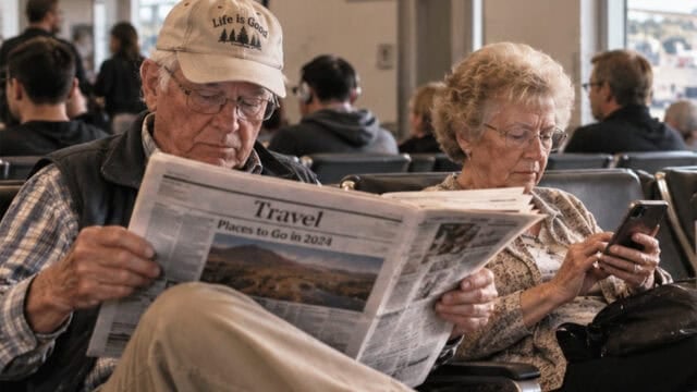 An elderly man reads a travel newspaper while an elderly woman beside him uses a smartphone. They sit in an airport waiting area with other travelers in the background.