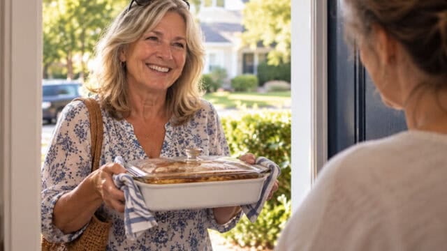 Smiling woman standing at a door, holding a casserole dish with both hands, offering it to another person whose back is visible. The background shows a sunny, suburban neighborhood.