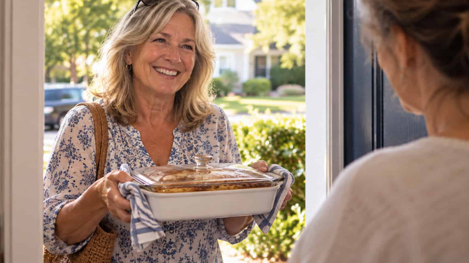 Smiling woman standing at a door, holding a casserole dish with both hands, offering it to another person whose back is visible. The background shows a sunny, suburban neighborhood.