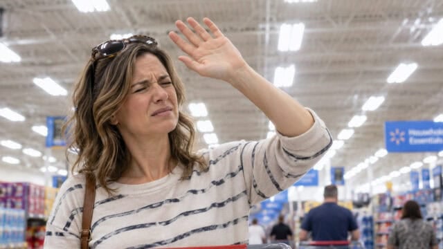 A woman in a striped shirt squints and raises her hand to shield her eyes from bright lights inside a busy supermarket.