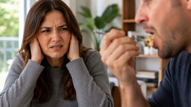 A woman covers her ears and looks annoyed while a man eats loudly in front of her. They are sitting indoors at a table, with plants and shelves visible in the background.
