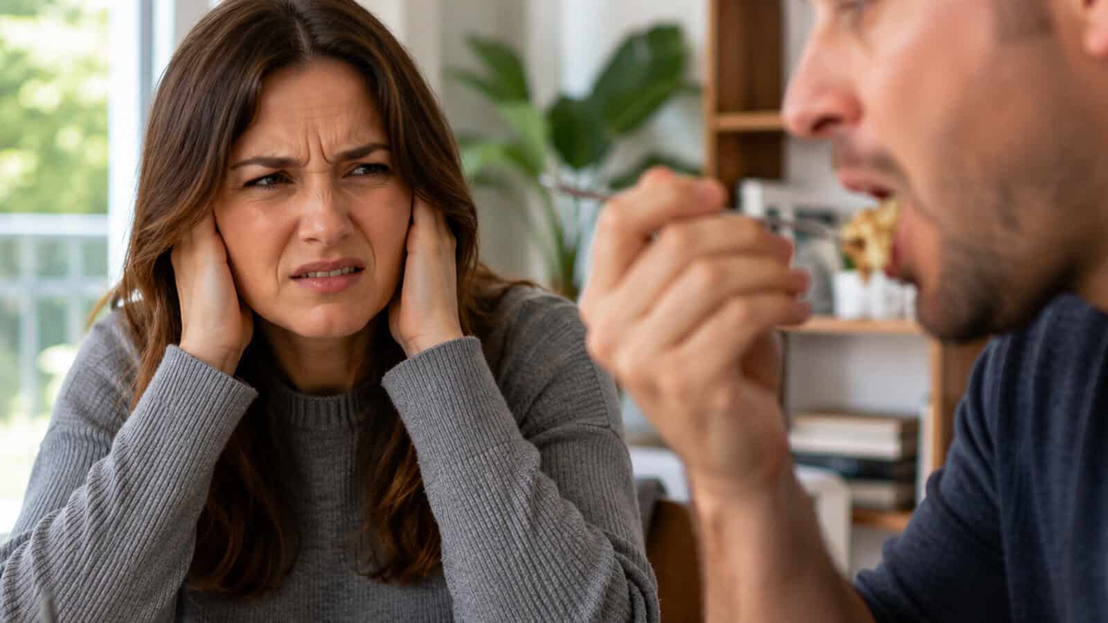A woman covers her ears and looks annoyed while a man eats loudly in front of her. They are sitting indoors at a table, with plants and shelves visible in the background.