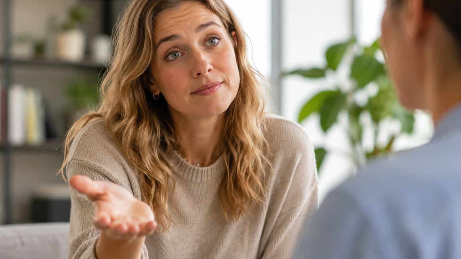 A woman with wavy blonde hair gestures with her hand while talking to another person indoors, appearing to explain something or ask a question.