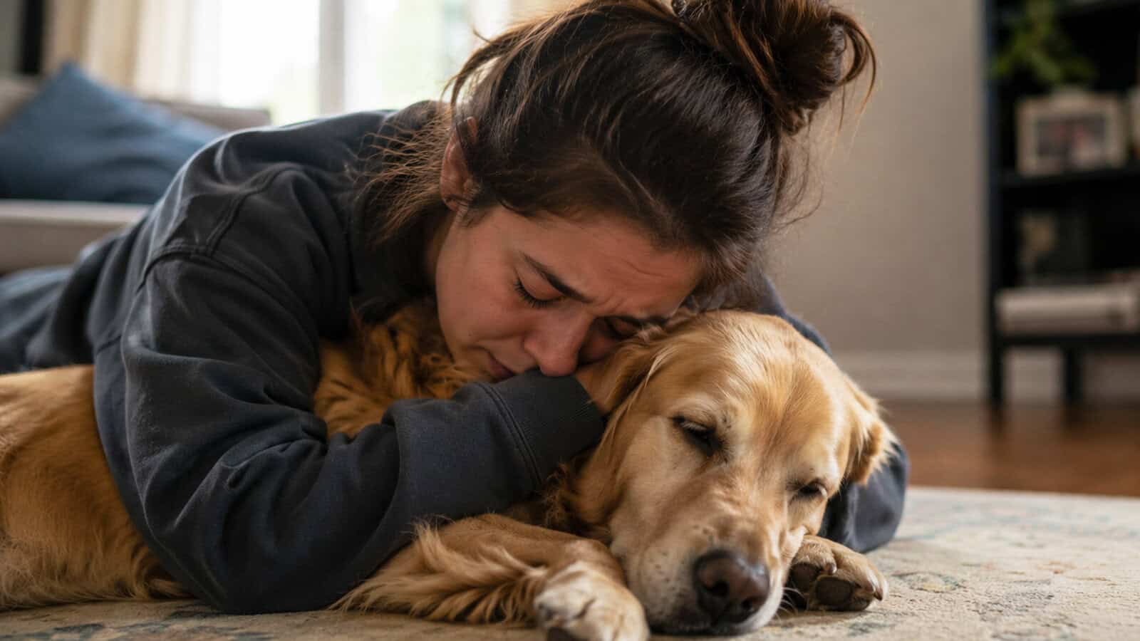 A woman lies on the floor, hugging a sleeping golden retriever tightly, her face pressed into the dog’s fur, appearing emotional and seeking comfort—capturing a poignant moment of grieving a pet and the disenfranchised grief that can come with such loss.