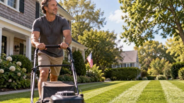 A man in a gray shirt and tan shorts mows a neatly striped green lawn in front of a house with trees and an American flag visible in the background on a sunny day.
