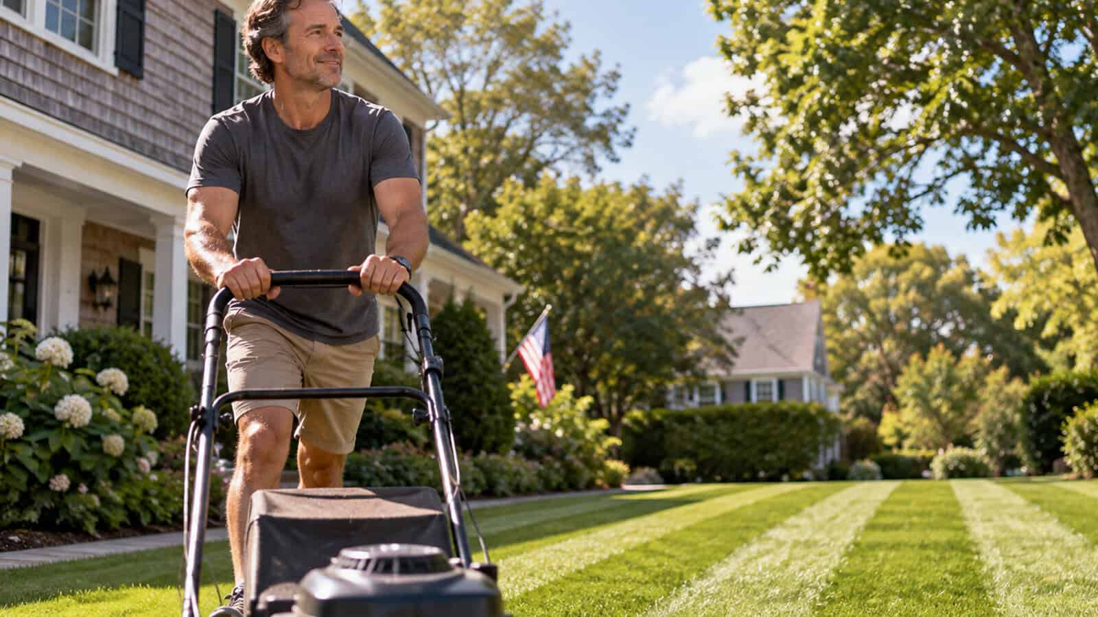 A man in a gray shirt and tan shorts mows a neatly striped green lawn in front of a house with trees and an American flag visible in the background on a sunny day.