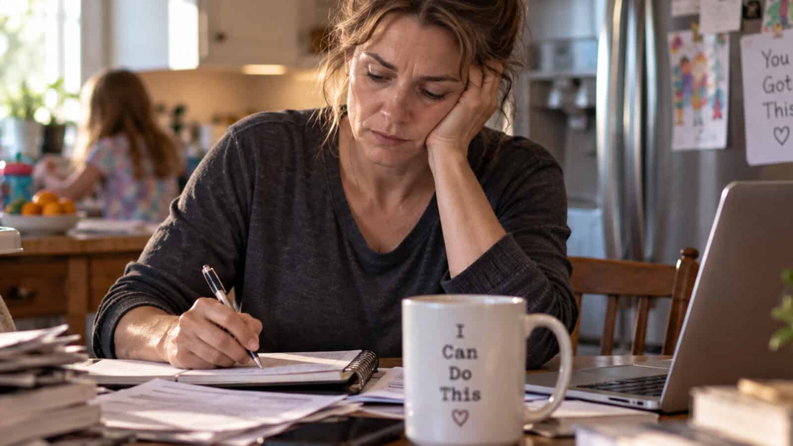 A woman sits at a kitchen table, focused on paperwork with a pen in hand. A mug reading I Can Do This is in front of her. Papers, a laptop, and a child in the background suggest a busy home environment.