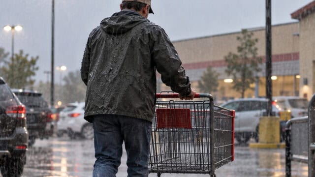 A person wearing a rain jacket pushes a shopping cart through a wet parking lot during heavy rain, with cars and a store in the background.