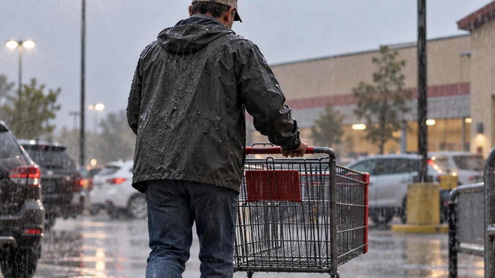 A person wearing a rain jacket pushes a shopping cart through a wet parking lot during heavy rain, with cars and a store in the background.