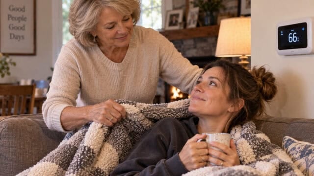 An older woman covers a younger woman with a blanket as she sits on a couch holding a mug. Both smile warmly. A digital thermostat reads 66°F on the wall behind them.
