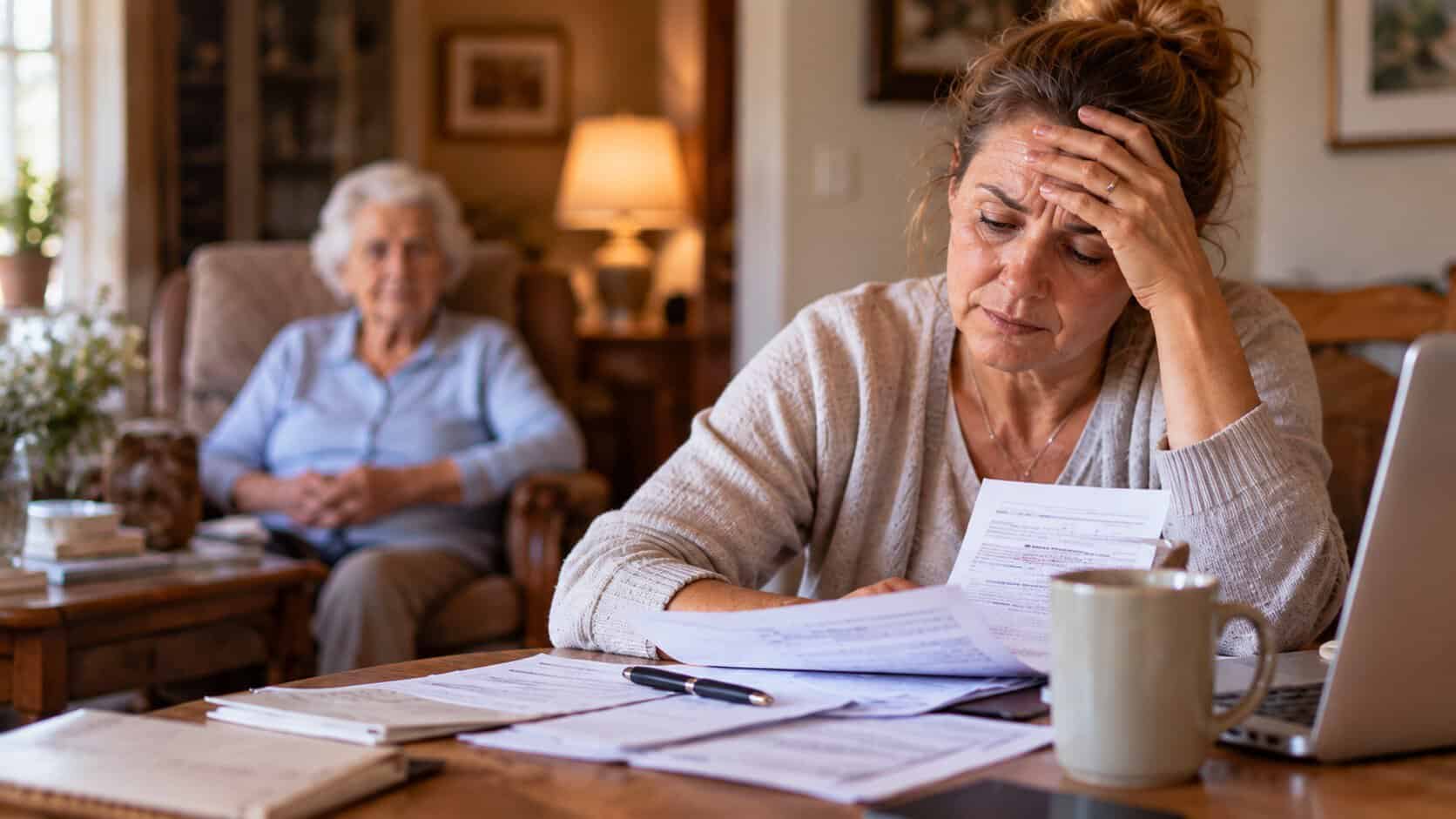 A woman sits at a table with papers, looking stressed, while an older woman—likely one of her aging parents—sits in the background. A laptop and mug are on the table, hinting at the challenges of balancing family responsibilities and psychology during this stage of life.