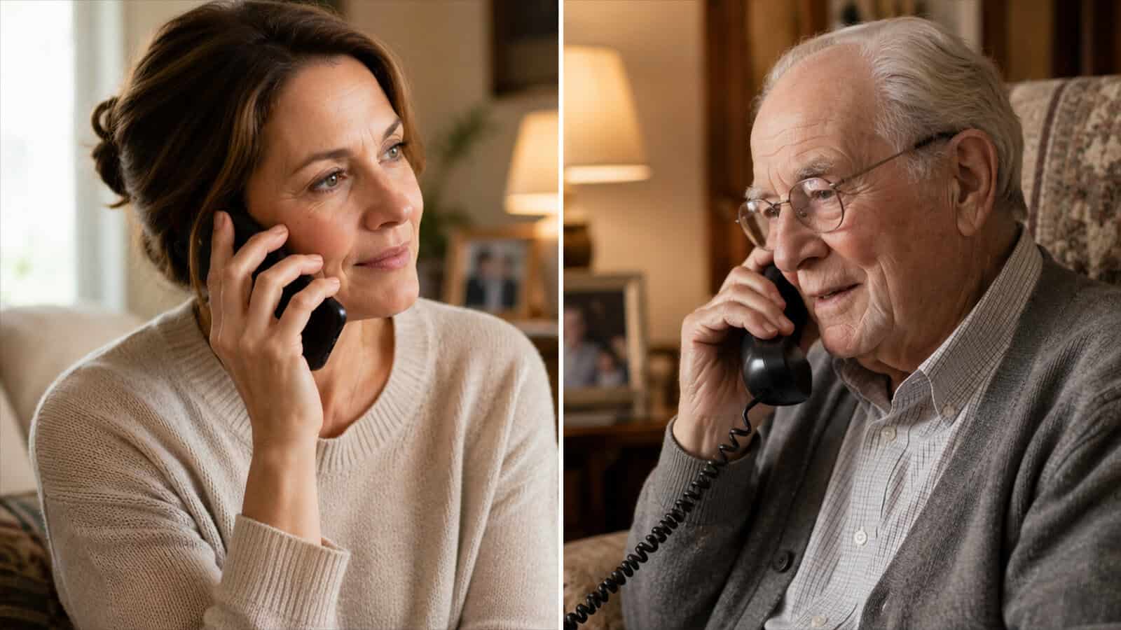 A woman and an elderly man are shown in split screen, each holding a phone to their ear and smiling, suggesting they are having a pleasant conversation with each other.