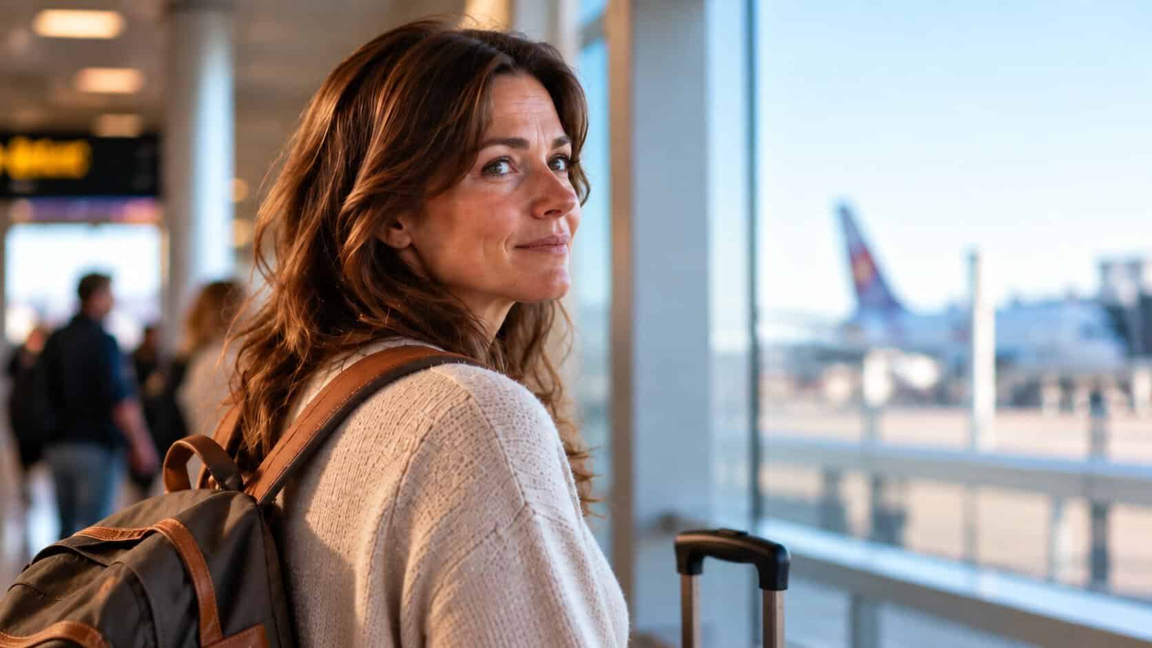 A woman with brown hair and a backpack stands in an airport terminal, looking over her shoulder and smiling. A rolling suitcase is beside her, and airplanes are visible outside the large windows, perhaps hinting at a journey inspired by psychology or reconnecting with sibling relationships.