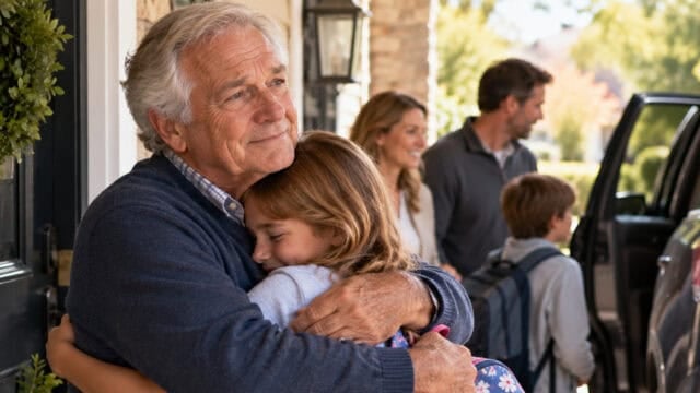 An older man hugs a young girl outside a home, both smiling. In the background, two adults and a child with a backpack stand near a car, preparing to say goodbye.