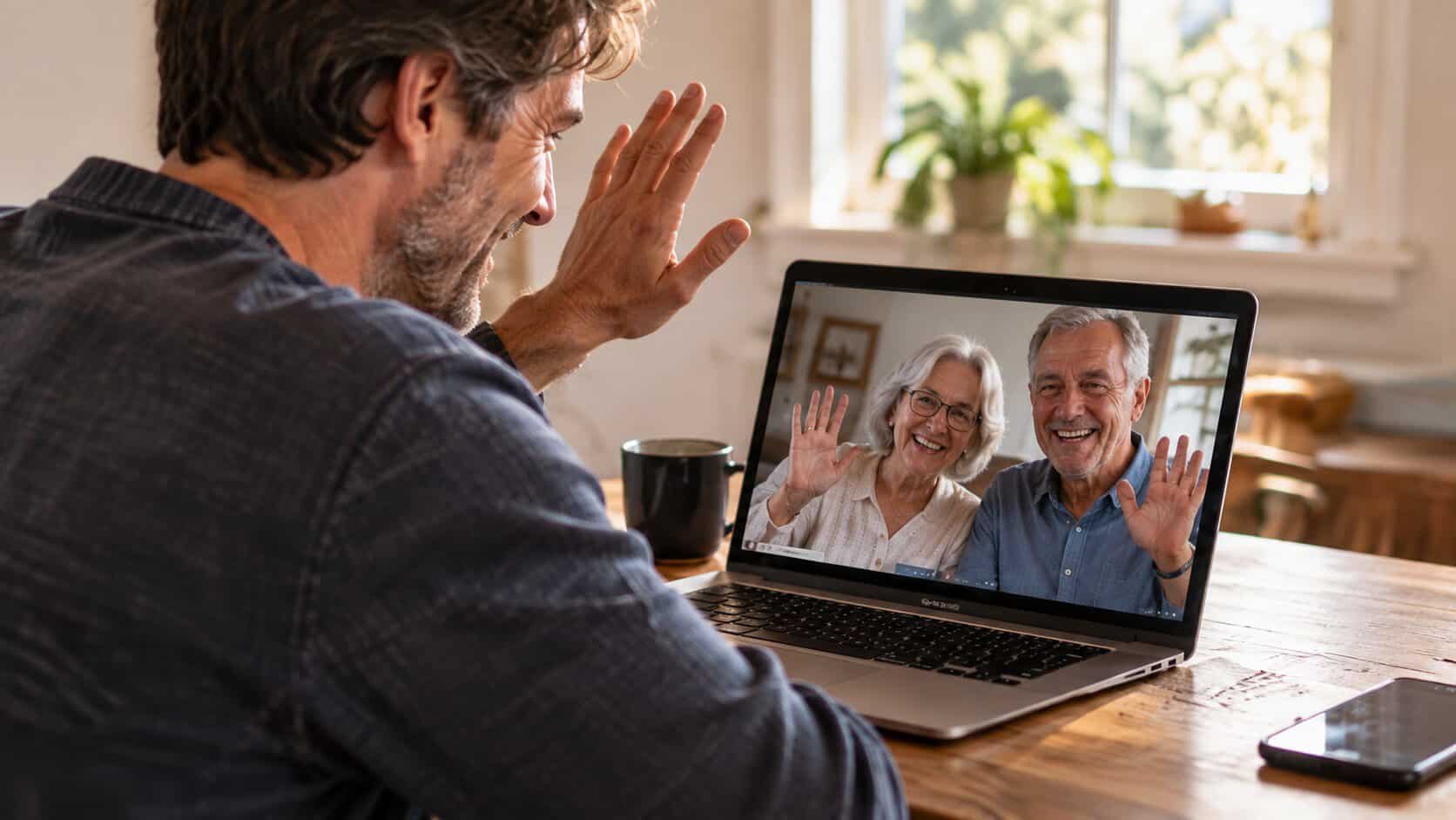 A man waves to his aging parents on a video call displayed on his laptop. Both the man and the couple are smiling and waving from their respective locations, highlighting the importance of maintaining strong family connections as explored in Psychology.