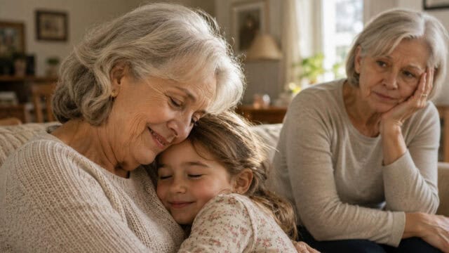 An elderly woman hugs a smiling young girl on a couch, while another elderly woman in the background looks on thoughtfully with her chin resting on her hand.