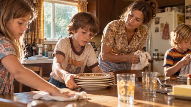A woman and three children clean up after a meal in a cozy kitchen, stacking plates and wiping the table. Sunlight streams through the window, creating a warm atmosphere.