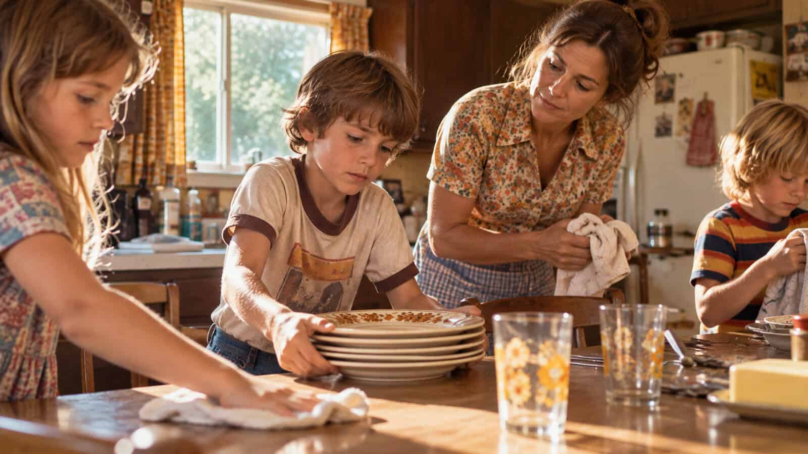 A woman and three children clean up after a meal in a cozy kitchen, stacking plates and wiping the table. Sunlight streams through the window, creating a warm atmosphere.
