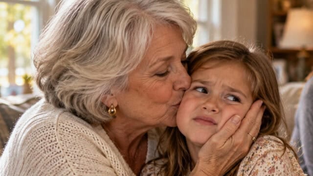 An older woman with grey hair kisses a young girl on the cheek as she holds the girls face.