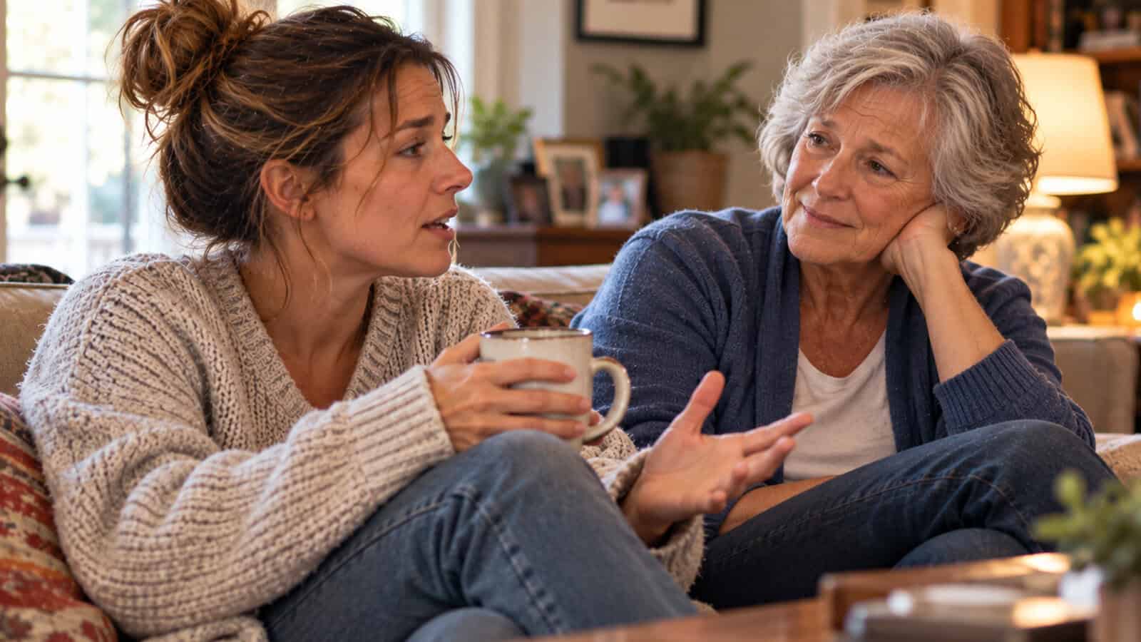 A younger woman holding a mug talks while an older woman with gray hair listens attentively, both sitting on a cozy couch in a warmly lit living room.