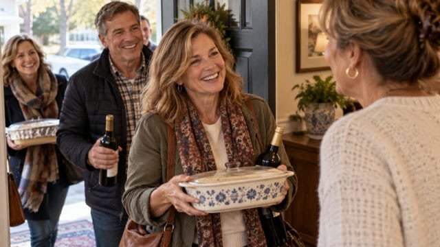 A woman smiling as she greets a friend at a doorway, holding a casserole dish and a bottle of wine, with another couple waiting behind her.