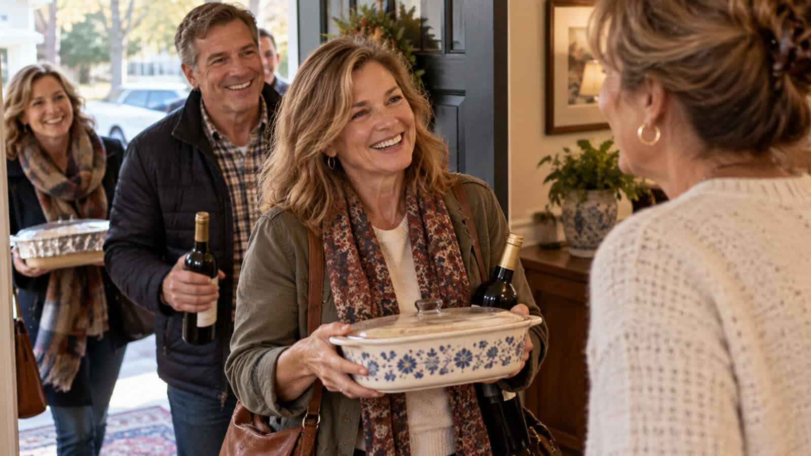 A woman smiling as she greets a friend at a doorway, holding a casserole dish and a bottle of wine, with another couple waiting behind her.