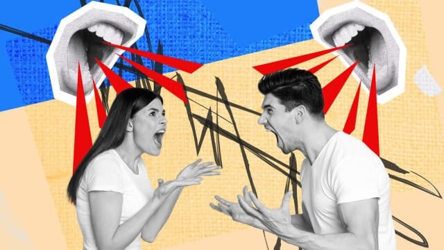 A man and a woman in white shirts yell at each other, with stylized cutouts of open mouths above them connected by red triangle shapes.
