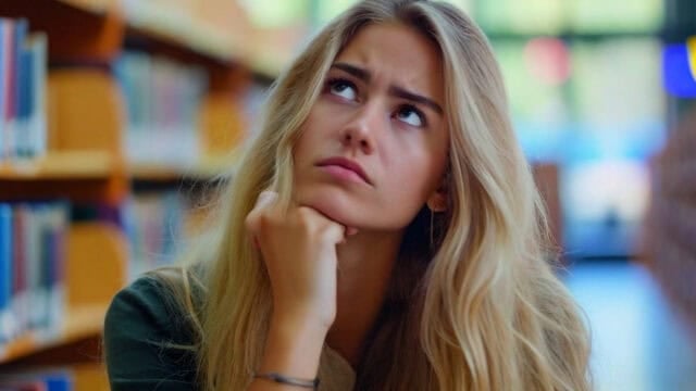 A blonde woman with her hand on her chin looking upward thoughtfully in a library.
