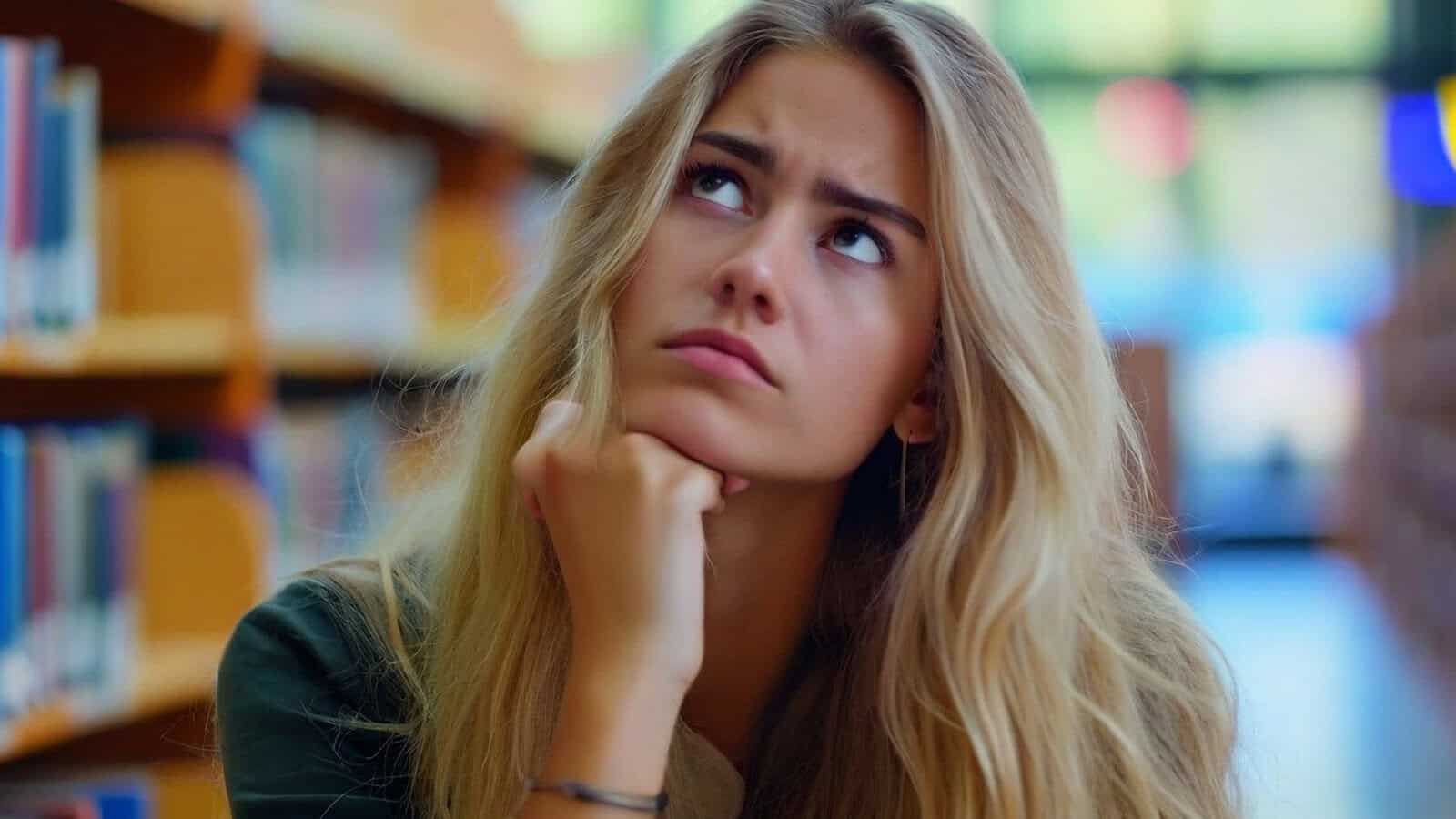A blonde woman with her hand on her chin looking upward thoughtfully in a library.