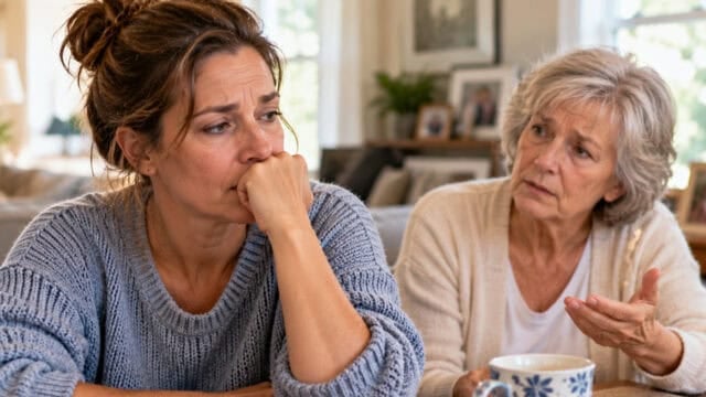 Two women sit at a table indoors. The younger woman looks worried, resting her chin on her hand, while the older woman gestures as if comforting or advising her.