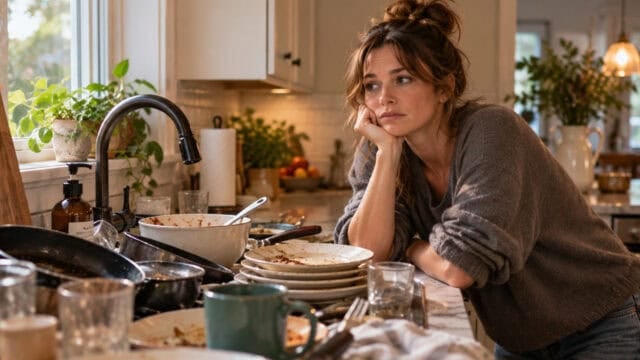 A woman leaning on a kitchen counter, resting her chin on her hand while looking away from a pile of dirty dishes.