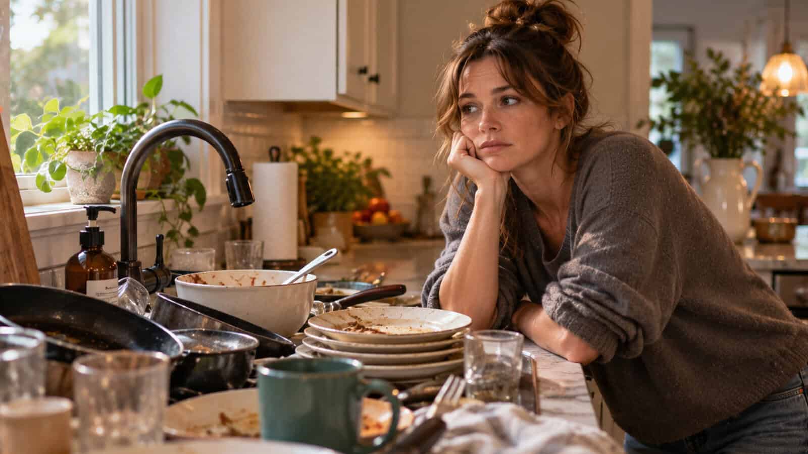 A woman leaning on a kitchen counter, resting her chin on her hand while looking away from a pile of dirty dishes.