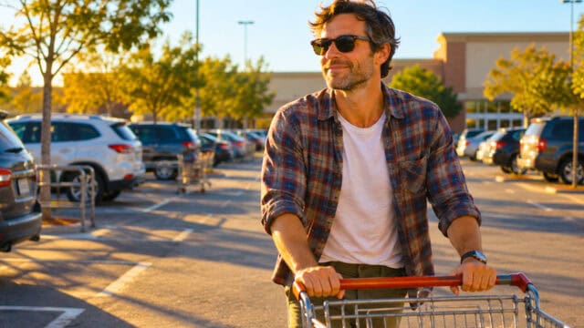 A man in a plaid shirt and sunglasses pushes a shopping cart through a parking lot at sunset.