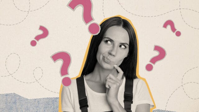 A woman with a thoughtful expression looks upward, surrounded by pink question mark icons.