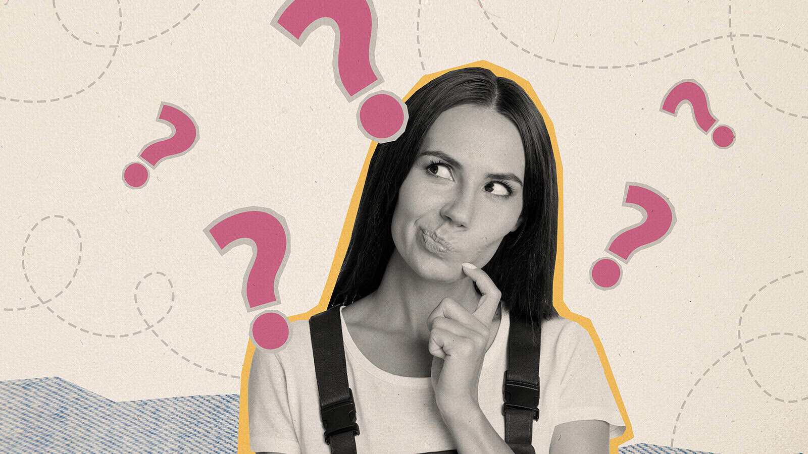 A woman with a thoughtful expression looks upward, surrounded by pink question mark icons.