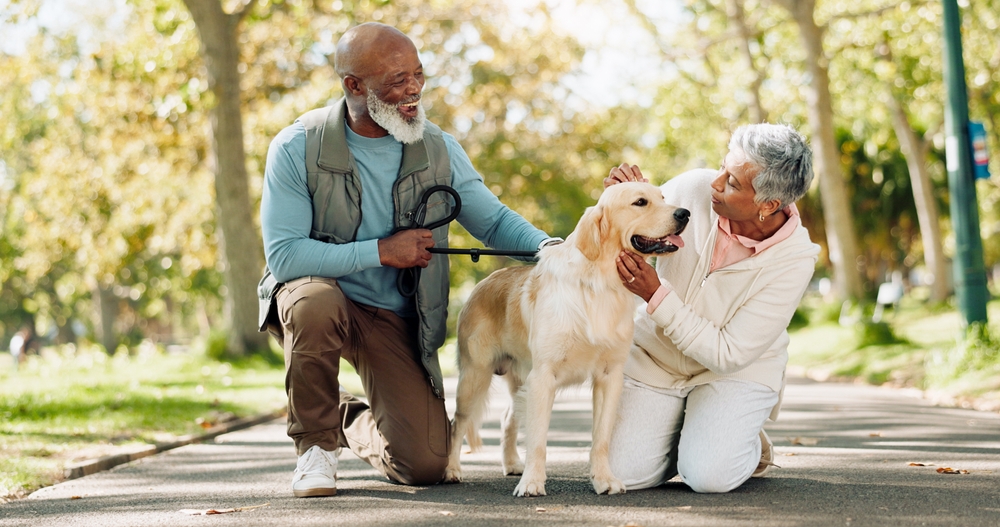 A senior couple going on a walk with their dog