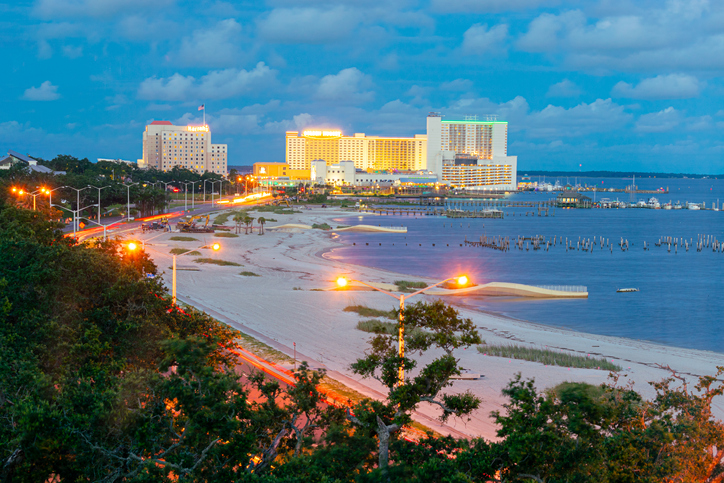 Biloxi Bay, Mississippi Casinos at Night.