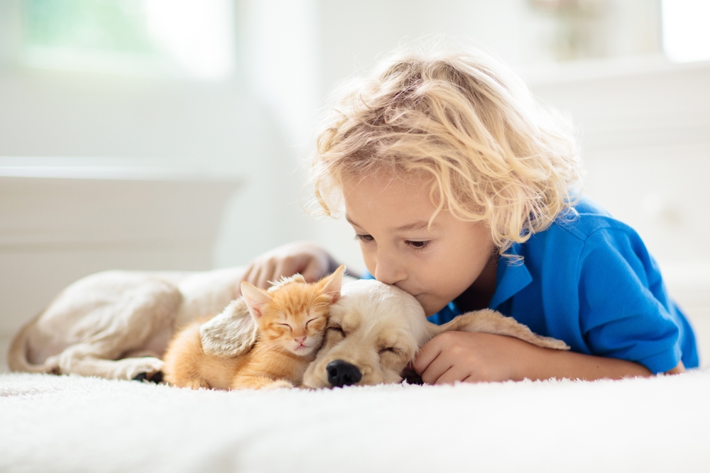 Child playing with his dog.