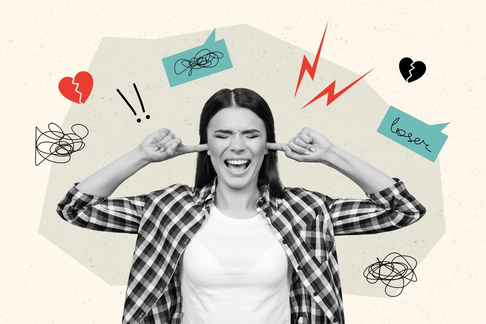 Stressed woman not listening, screaming inside.