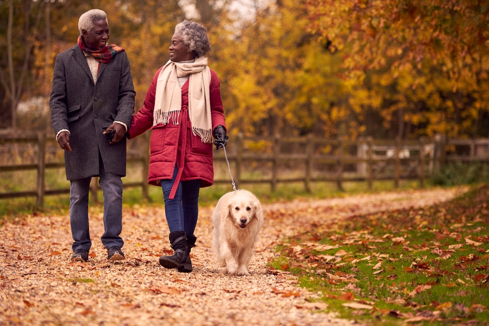 A senior couple out on a walk in the fall with their dog