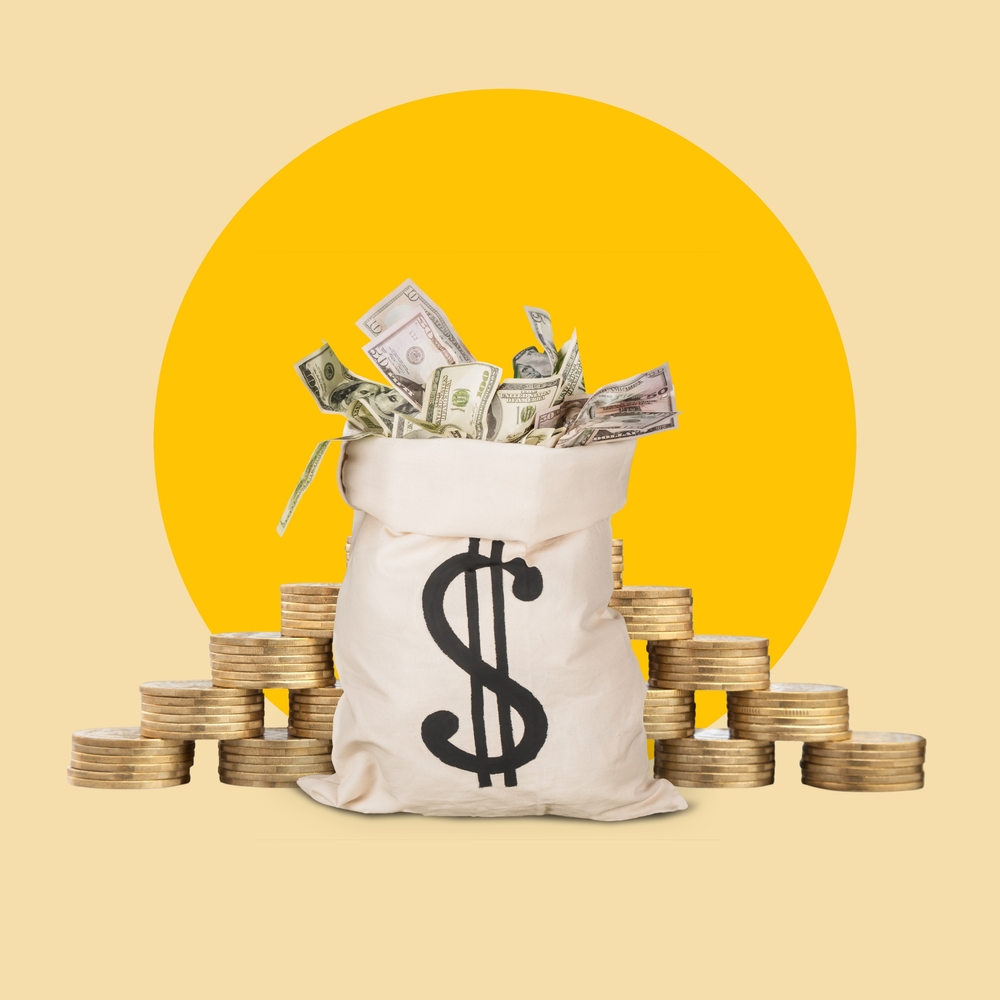 Bag of money and gold coins.