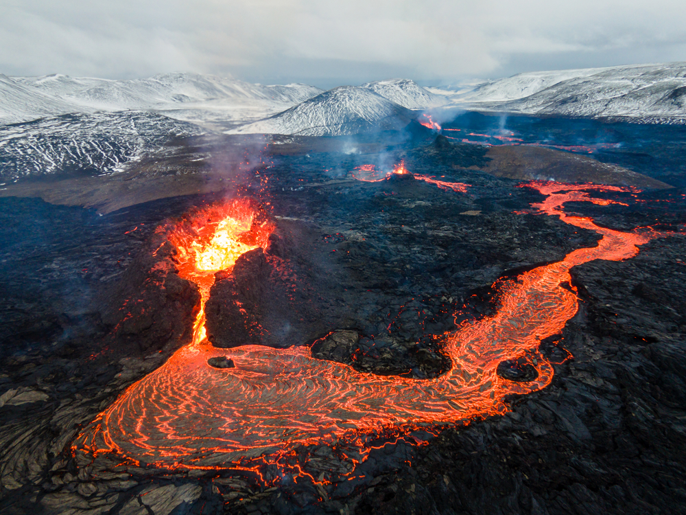 Lava flowing from an active volcano.