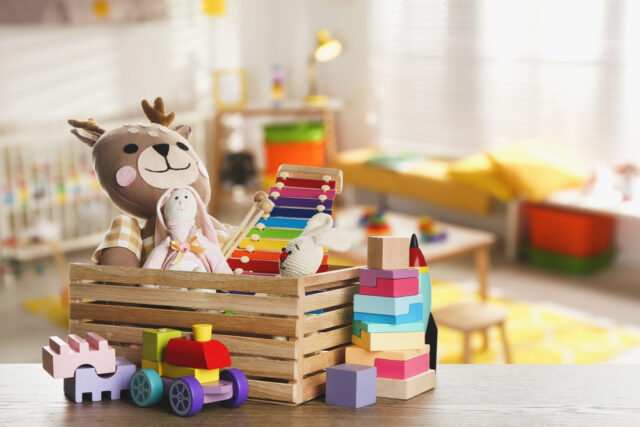 Children's toys in a playroom.